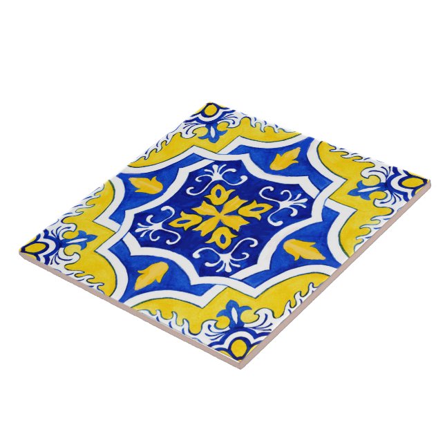 Azulejo de cerâmica português amarelo e azul. (Lateral)
