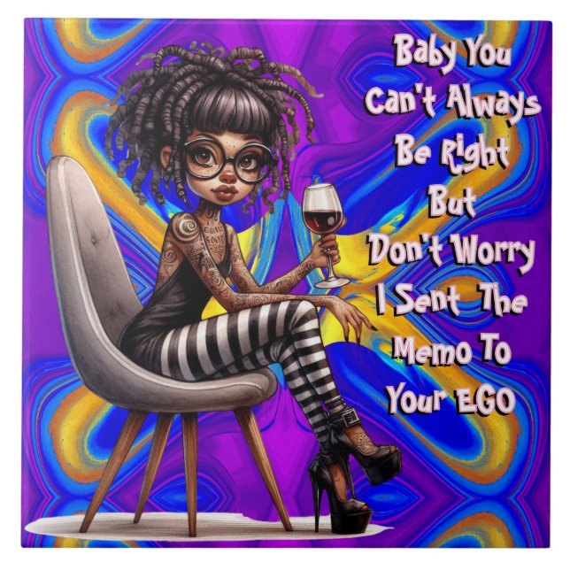 Azulejo De Cerâmica Quirky Lady Tattoo & Wine EGO (Frente)