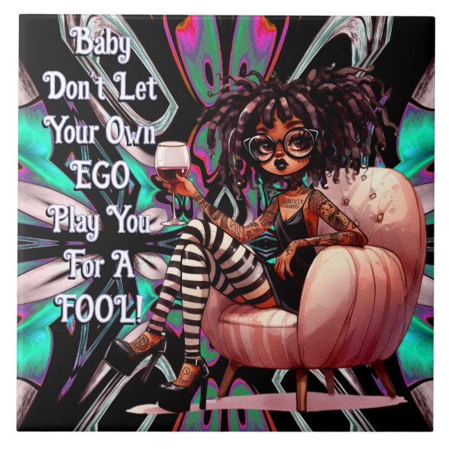 Azulejo de cerâmica Quirky Lady Tattoos & Wine Ego (Frente)