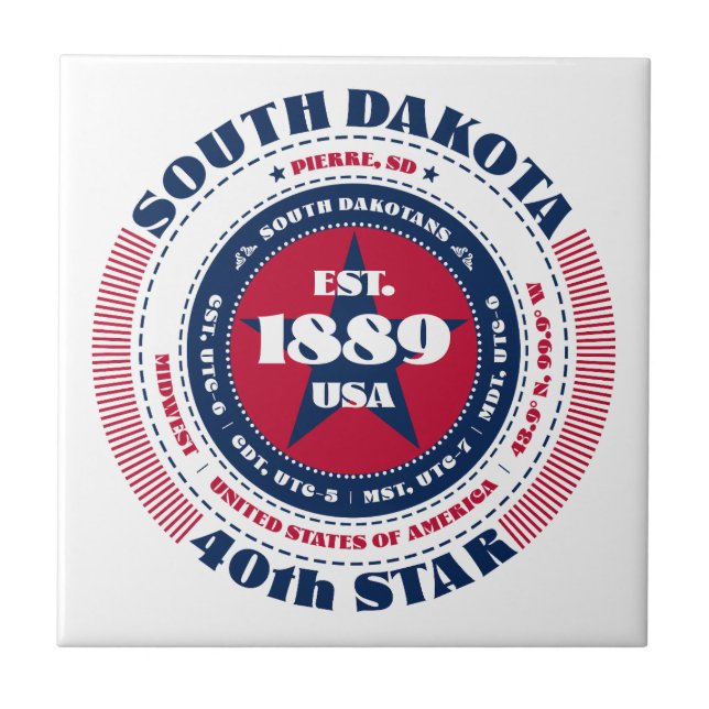Azulejo de cerâmica Red, White e Blue South Dakota (Frente)