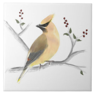 Azulejo de cerâmica Watercolor Cedar Waxwing