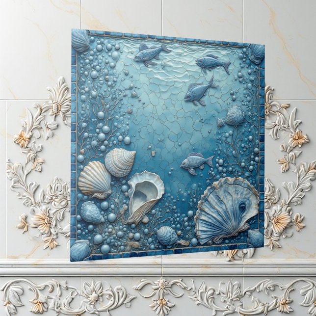 Azulejo de Concha Aquática Peixe Bolha Subaquática (Seashell Aquatic Fish Underwater Bubble Backsplash Ceramic Tile)
