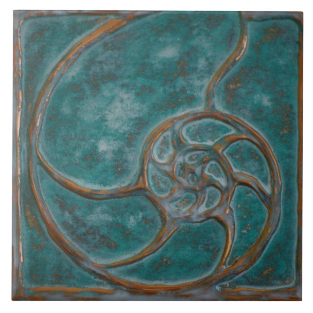 Azulejo de Concha de Náutilo Verde-água Antigo (Frente)