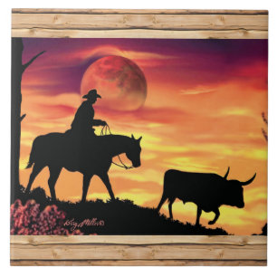 Azulejo De Cowboy E Longhorn Steer