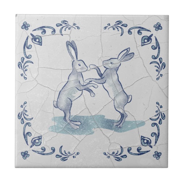 Azulejo de Delft com Coelhos Lutando (Frente)