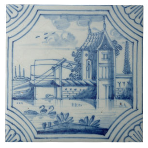 Azulejo de Delft que mostra um drawbridge sobre um