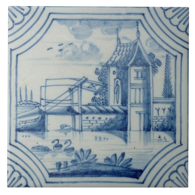 Azulejo de Delft que mostra um drawbridge sobre um (Frente)