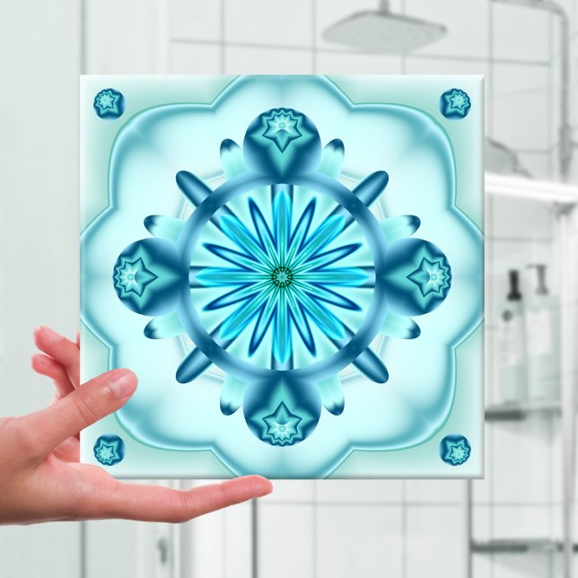 Azulejo de Design Fraco Azul Turquoise Original (Fractal abstract art tile in blue and turquoise with a floral star geometric pattern)