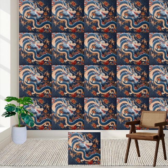 Azulejo de Dragão Chinoiserie Asiático (Asian Chinoiserie Dragon Tile)