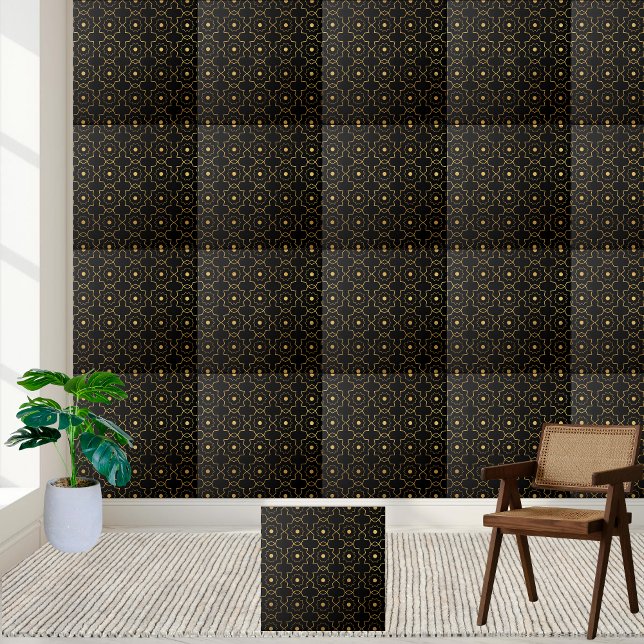 Azulejo de estrelas geométricas Dourada e preta (Luxurious Black and Gold Geometric Star Tile)