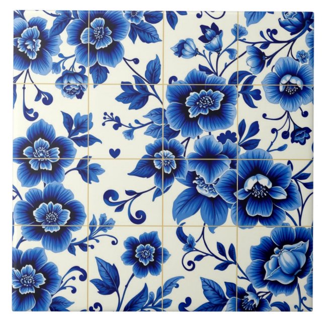 azulejo de flores azuis atemporais (Frente)