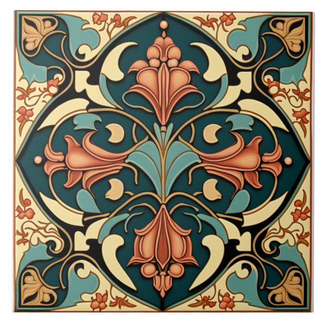 Azulejo de flores - Azulejo cerâmico Art Nouveau (Frente)