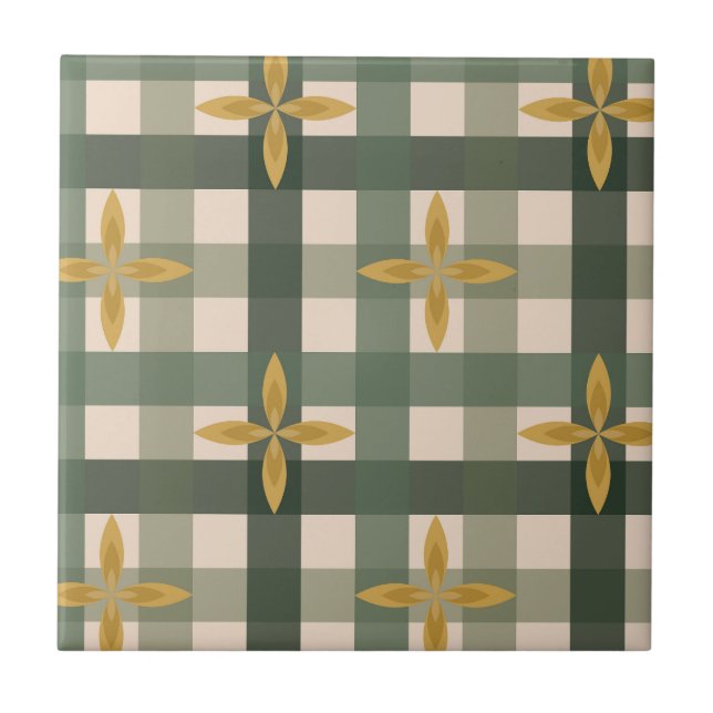 Azulejo de Gingham Verde & Folhas  (Frente)