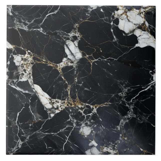Azulejo de Mármore Preto com Acentos Dourados (Frente)
