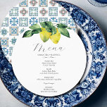 Azulejo de Menu de Casamento Lemon e Amalfi<br><div class="desc">Este cartão de cardápio de casamento apresenta uma borda superior de limões e botânicos de aquarela. A placa se reverte para um padrão de azulejo Amalfi. Use os campos de modelo para DIY (Esclarecer os detalhes personalizados). A elegante design redonda é uma escolha encantadora para os casamentos de destino na...</div>