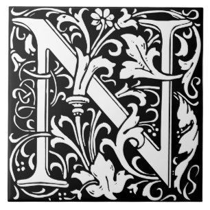 Azulejo de Monograma de Letra N de Alfabeto Floral