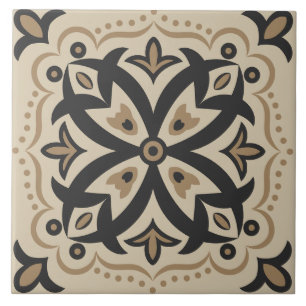 Azulejo de Motivo Floral Marroquino Preto e Dourad