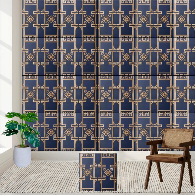 Azulejo de padrão-chave grego luxuoso em Marinho e (Luxurious Greek Key Pattern Tile in Navy and Gold)