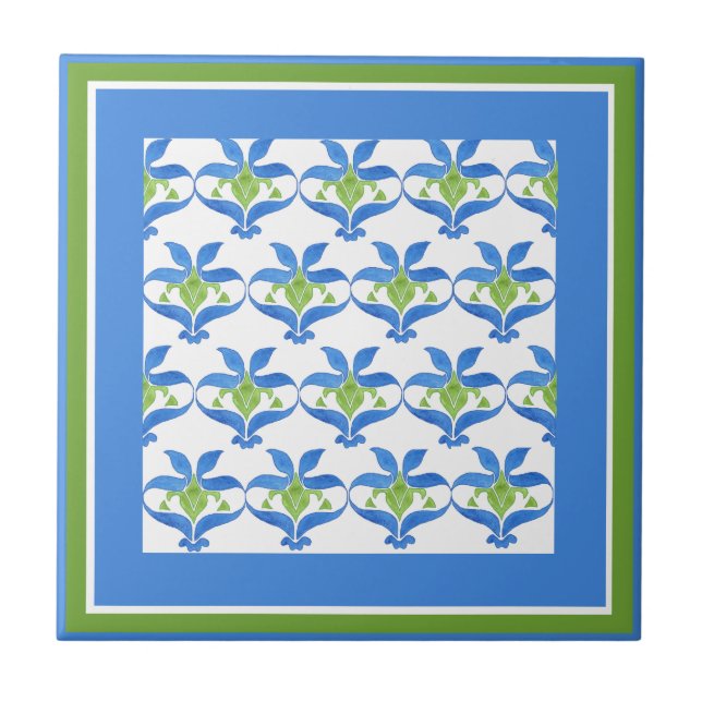 Azulejo de Padrão de Arte Branca Azul Nouveau (Frente)