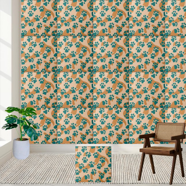 Azulejo de padrão de impressão de mão lacrimogênea (Teal and Tan Paw Print Pattern Tile)