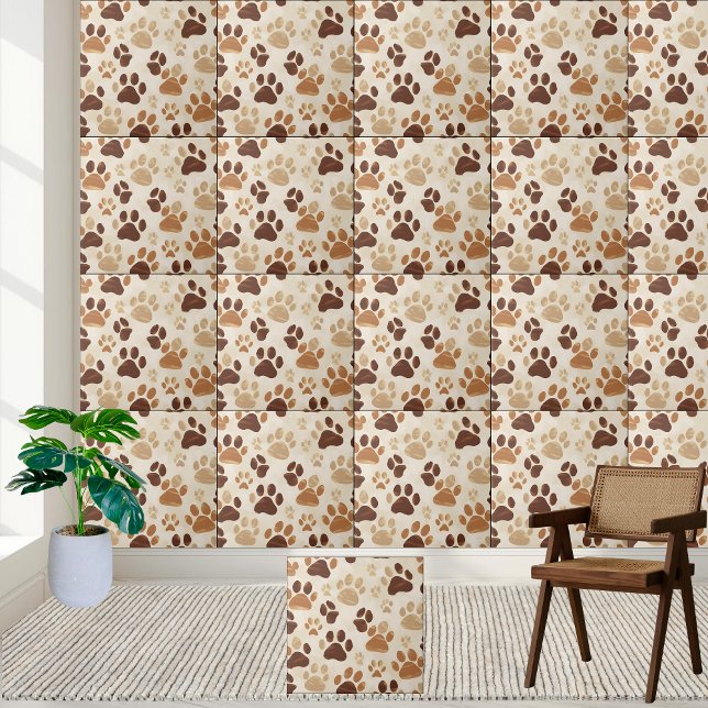 Azulejo de padrão de impressão de pata castanha e  (Brown and Beige Paw Print Pattern Tile)