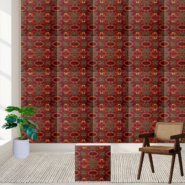 Azulejo de padrão inspirado africano vermelho e Do (Red and Gold African Inspired Pattern Tile Decor)