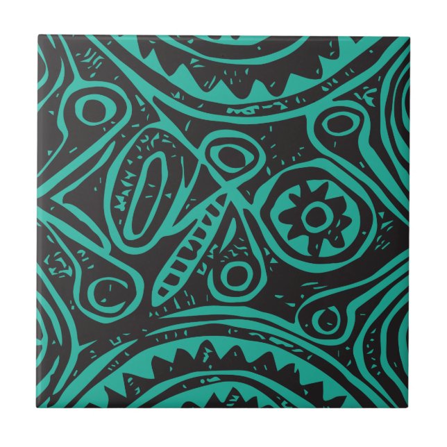 Azulejo de padrão Tiki Preto e Verde Cerâmica (Frente)