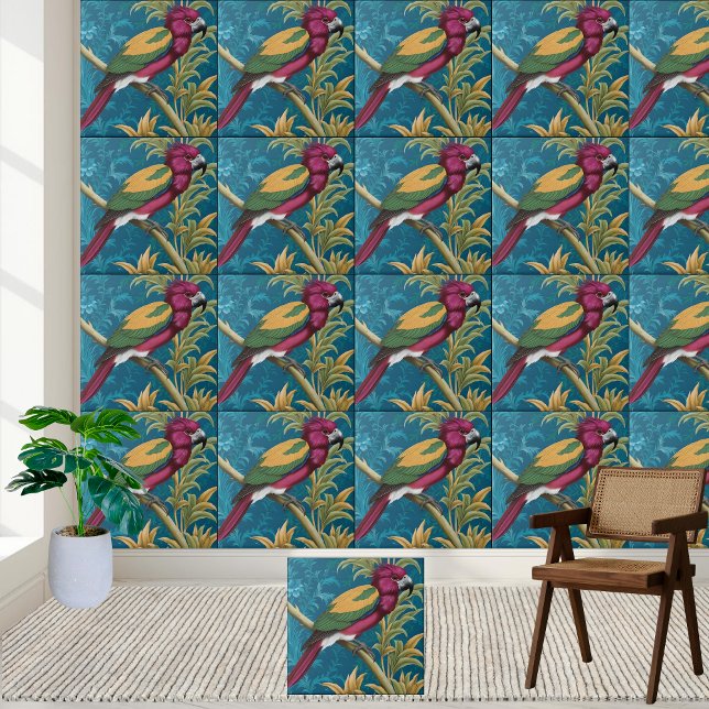 Azulejo de papagaios tropicais (Tropical Chinoiserie Parrot Tile)