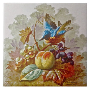 Azulejo de pássaro e Fruta pintado à mão pela R
