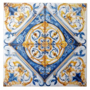 Azulejo de Talavera Azul Ouro e Branco com Aparênc