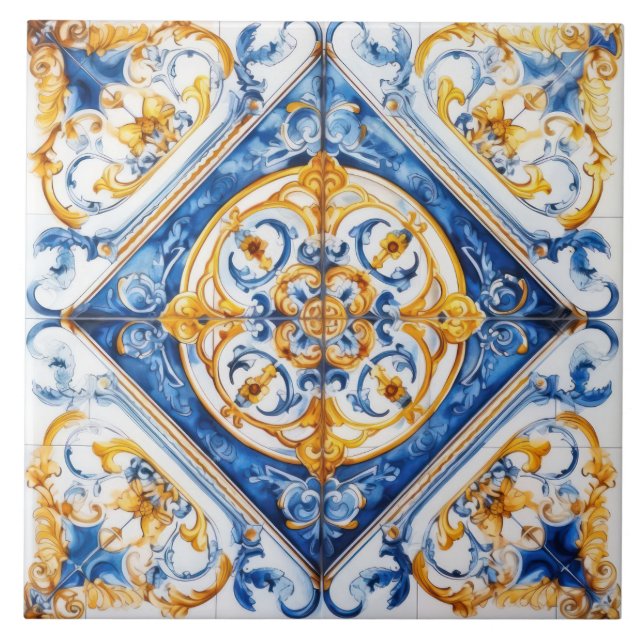 Azulejo de Talavera Azul Ouro e Branco com Aparênc (Frente)