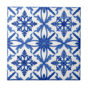 Azulejo de Telha Floral Azul Branco