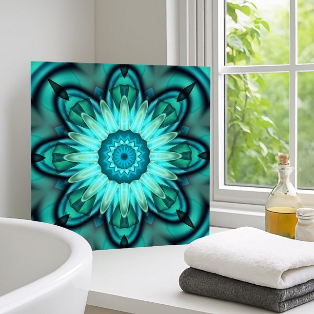 Azulejo de Teto Geométrico Turquoise em Estrela Fl (Ceramic bathroom tile with an original abstract fractal design in turquoise blue, green and teal)
