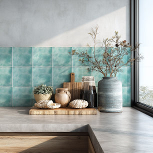 Azulejo de Vidro Azul Teal Costeiro em Aquarela