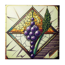 Azulejo de Vidro Cerâmico com Uvas e Trigo