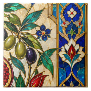 Azulejo de Vidro Pintado Damasco e Otomano Oliva e