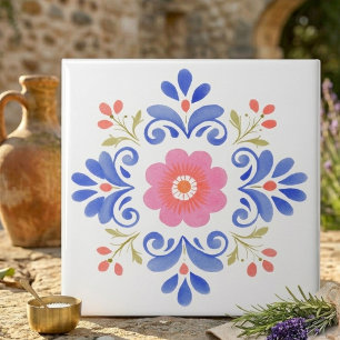Azulejo Decorativo de Arte Popular Floral Rosa e A