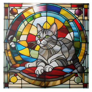 Azulejo Decorativo de Vidro Colorido de Gato Cinza