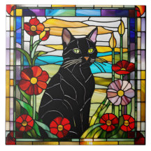 Azulejo Decorativo de Vidro Colorido de Gato Preto