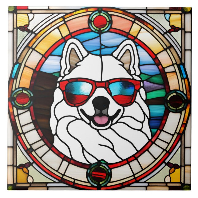 Azulejo Decorativo de Vidro Colorido Samoyed (Frente)