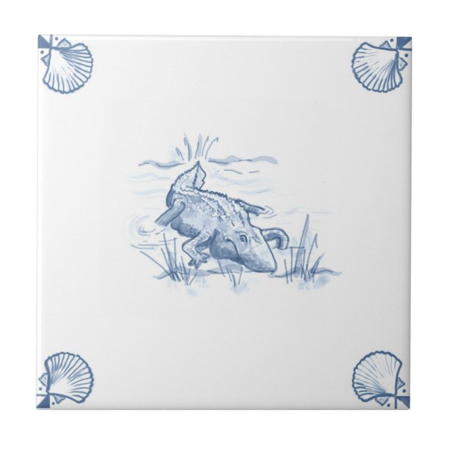 Azulejo do jacaré de Delft com cantos de Shell (Frente)