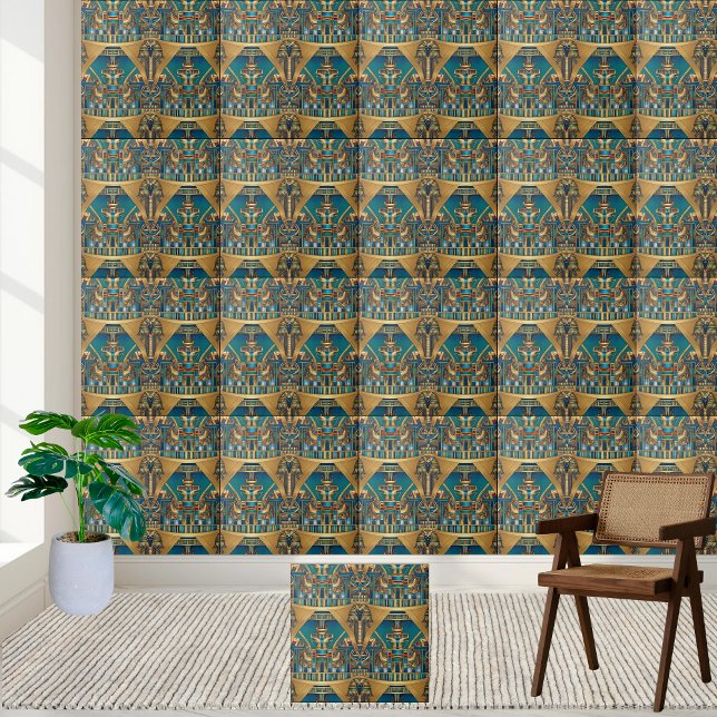 Azulejo Dourado e Teal Egípcio Hieroglifo Luxuoso (Luxurious Gold & Teal Egyptian Hieroglyph Tile)
