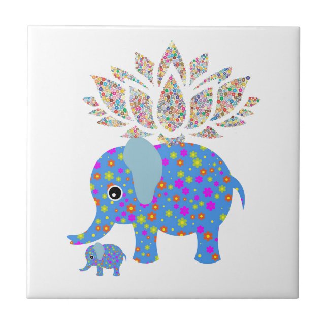 Azulejo Elefante Azul Amor Floral (Frente)