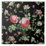 Azulejo Elegante de Quic Vintage Rosa Rosa Floral<br><div class="desc">Padrão floral sem costura,  elegante e inspirado em quic,  com rosas cor-de-rosa,  vinhas verdes,  folhagem e flores brancas e cravos. A cor de fundo é personalizável (preto usado na visualização).</div>