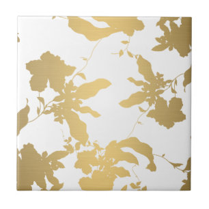 Azulejo Elegante Dourado de Padrão Floral Branco 