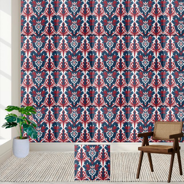 Azulejo escandinavo de Damasco em Vermelho e Azul (Scandinavian Damask Tile in Red and Blue)