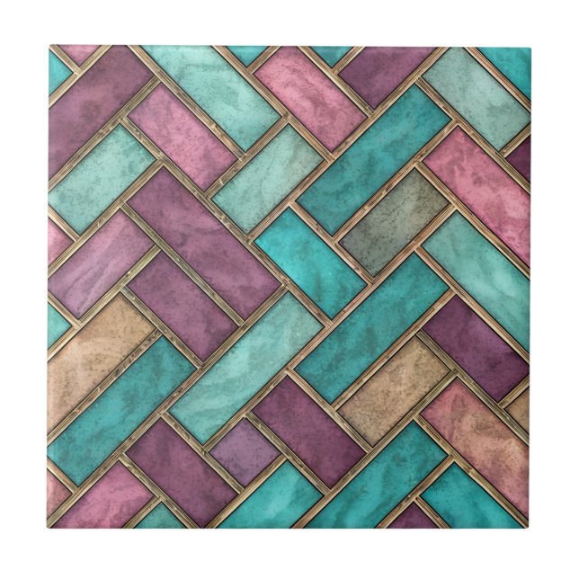 Azulejo Espinha de Peixe em Verde-Azul e Malva - T (Frente)