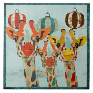 Azulejo espreitando de três girafas