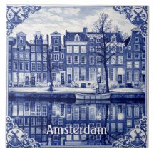 Azulejo estilo Delft Blue com canal de Amsterdã