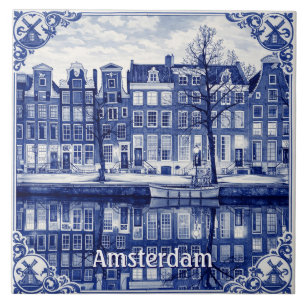 Azulejo estilo Delft Blue com canal de Amsterdã